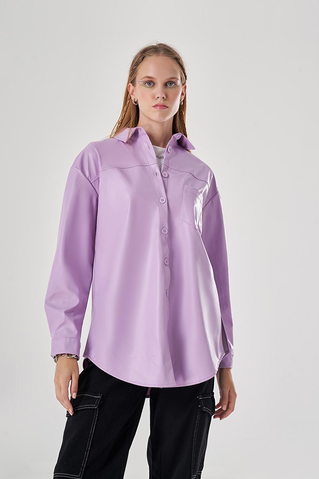 Colorful Lilac Shirt with Leather Detail