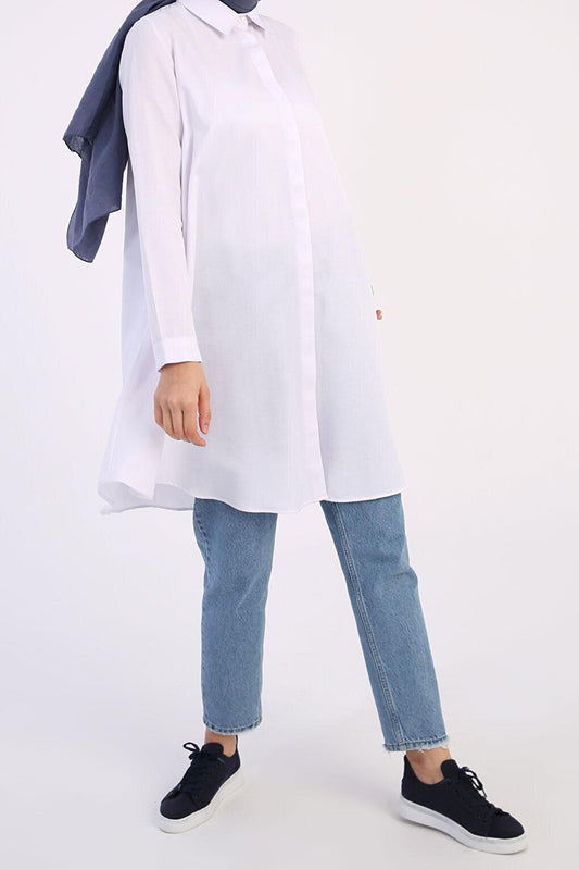 White Basic Flared Shirt Tunic