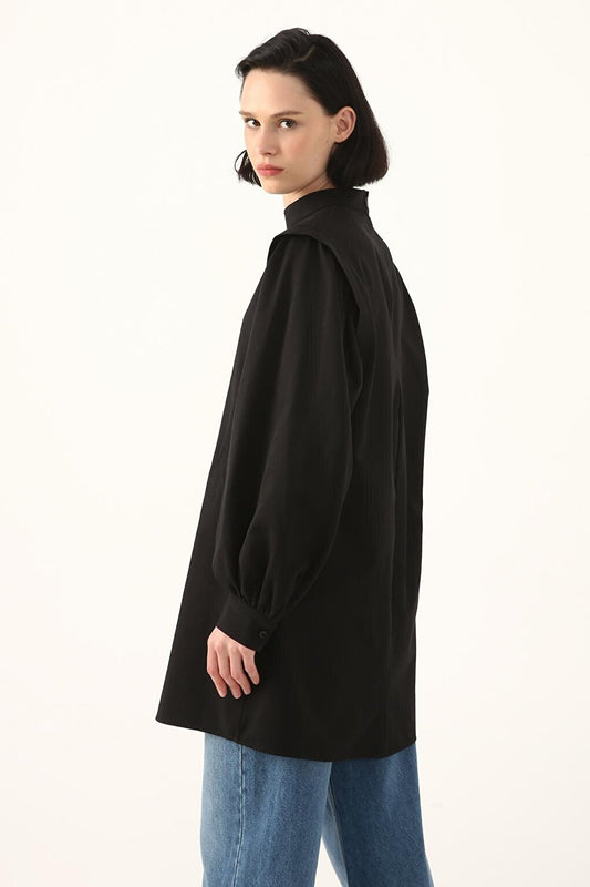 Black Shoulder Pleat Detailed Balloon Sleeve Tunic