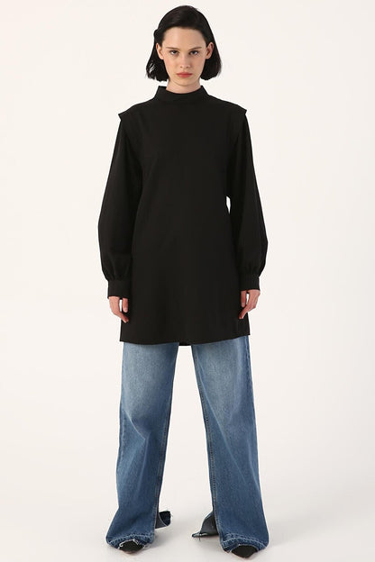 Black Shoulder Pleat Detailed Balloon Sleeve Tunic