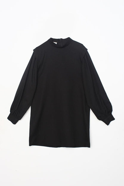 Black Shoulder Pleat Detailed Balloon Sleeve Tunic