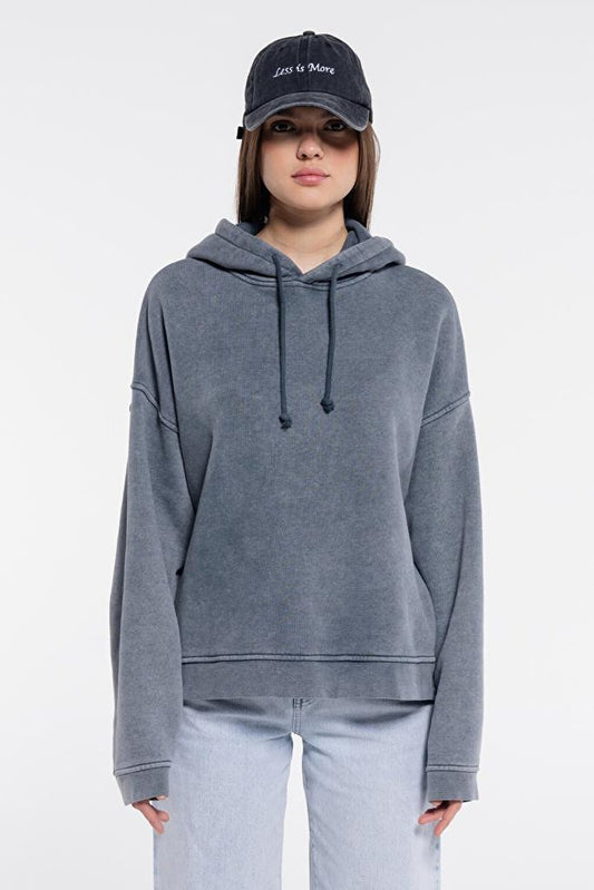 Edu Women's Gray Hooded Extra Oversize Sweatshirt Hoodie - 3 Thread Fabric with Washing Effect