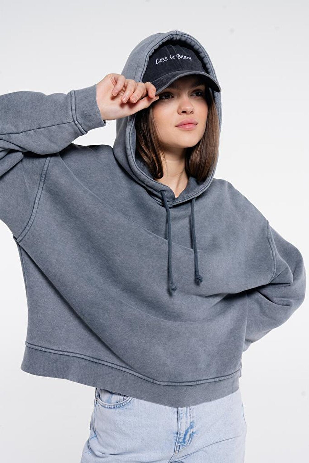 Edu Women's Gray Hooded Extra Oversize Sweatshirt Hoodie - 3 Thread Fabric with Washing Effect