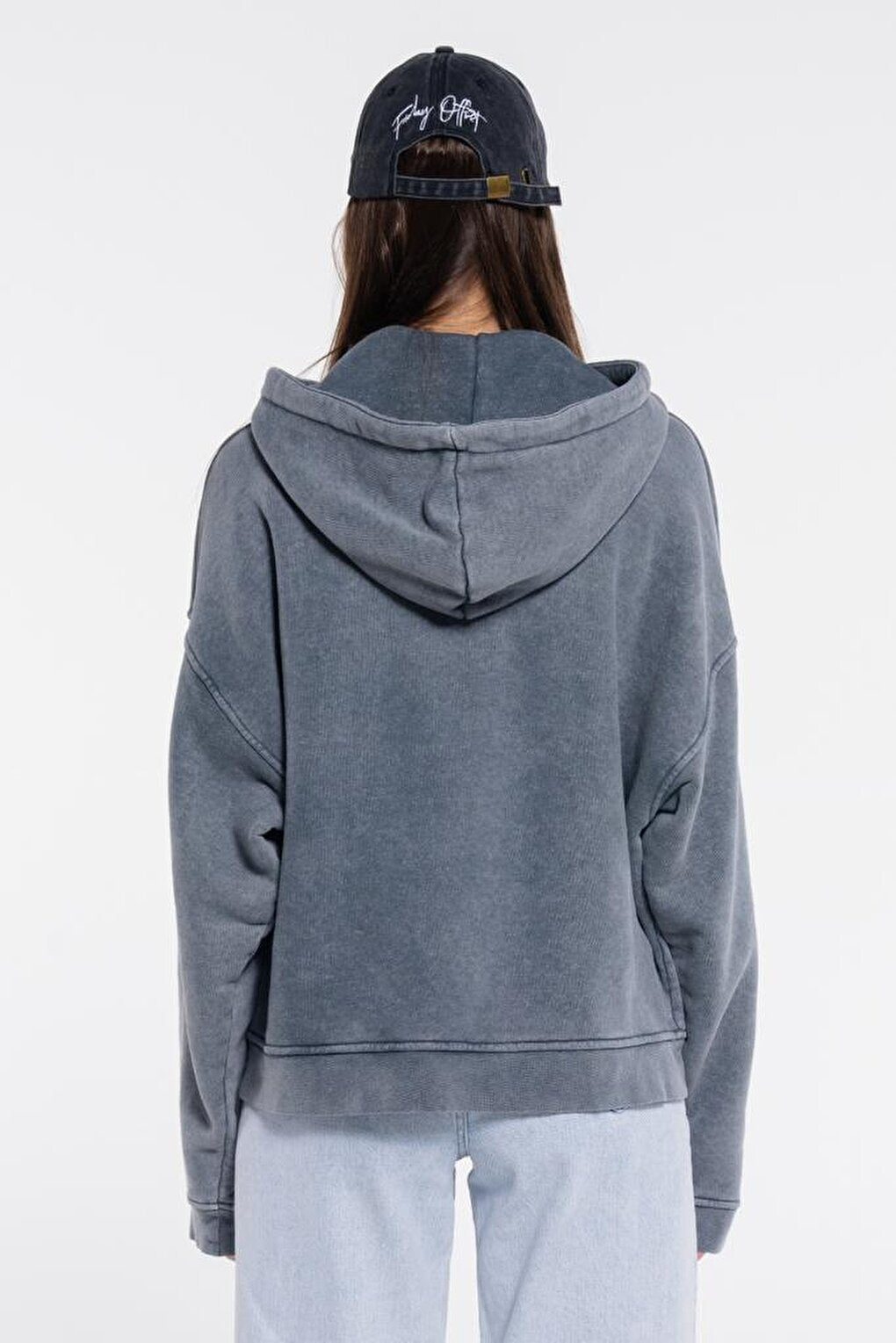 Edu Women's Gray Hooded Extra Oversize Sweatshirt Hoodie - 3 Thread Fabric with Washing Effect