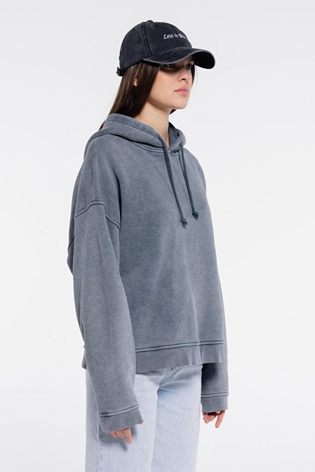 Edu Women's Gray Hooded Extra Oversize Sweatshirt Hoodie - 3 Thread Fabric with Washing Effect