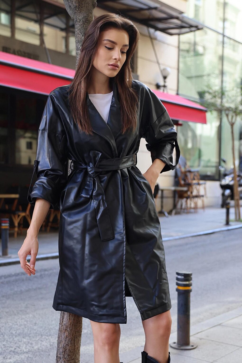 Black Belted Faux Leather Trench Coat with Folded Sleeves