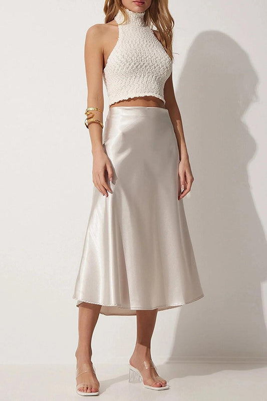 Cream Ankle Length Satin Skirt