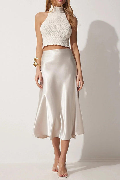 Cream Ankle Length Satin Skirt