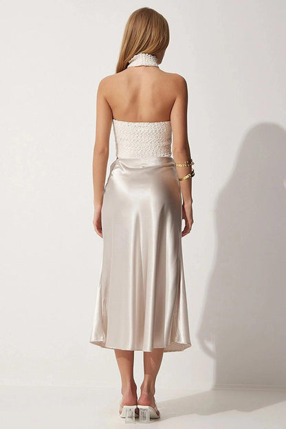 Cream Ankle Length Satin Skirt