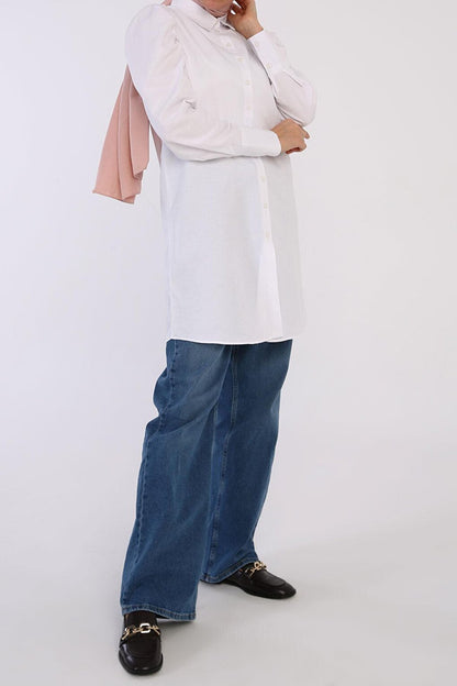 White Sleeve Pleat Detailed Shirt Tunic