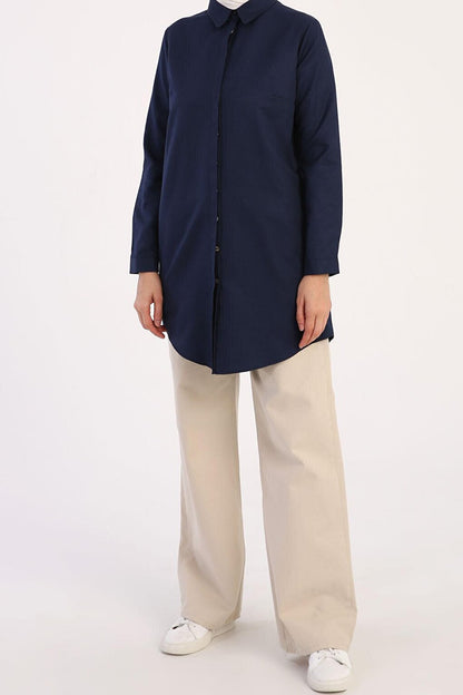 Navy Blue Basic Hidden Placket Shirt Tunic