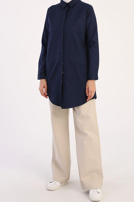 Navy Blue Basic Hidden Placket Shirt Tunic