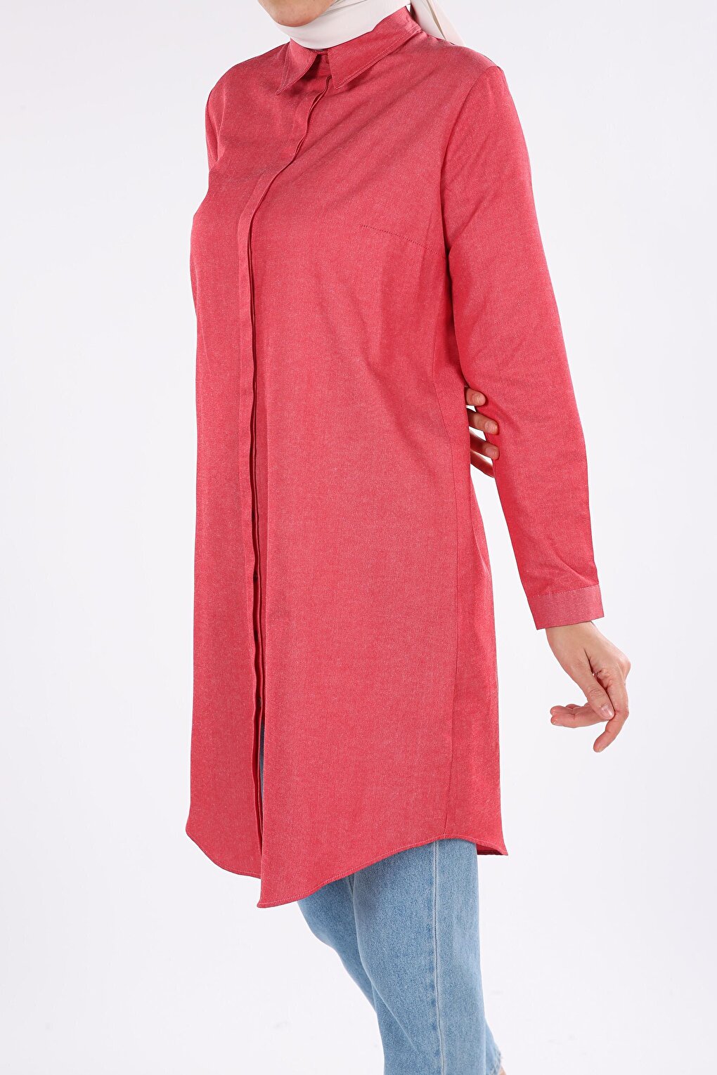 Red Basic Shirt Tunic with Hidden Placket