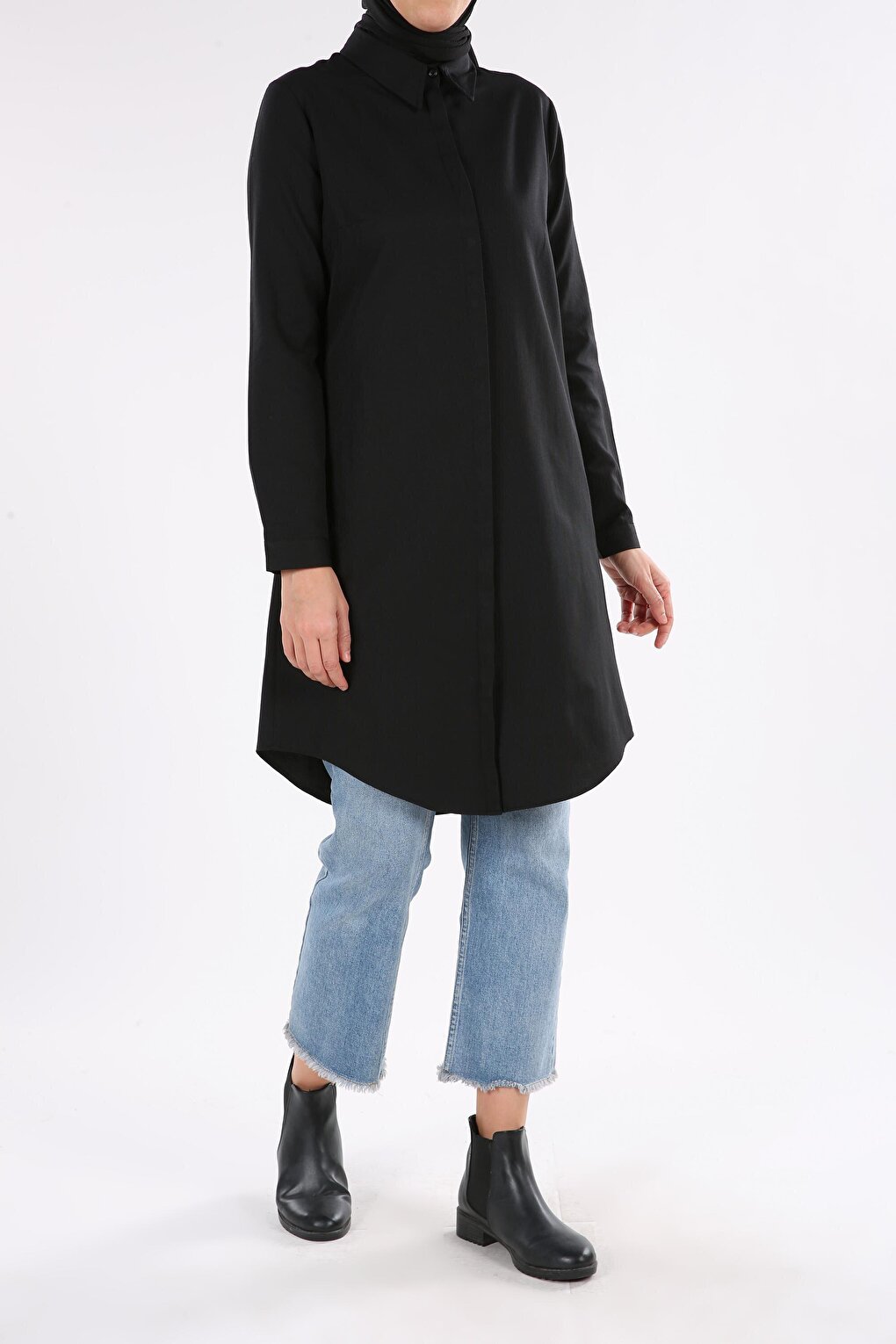 Black Hidden Placket Basic Shirt Tunic