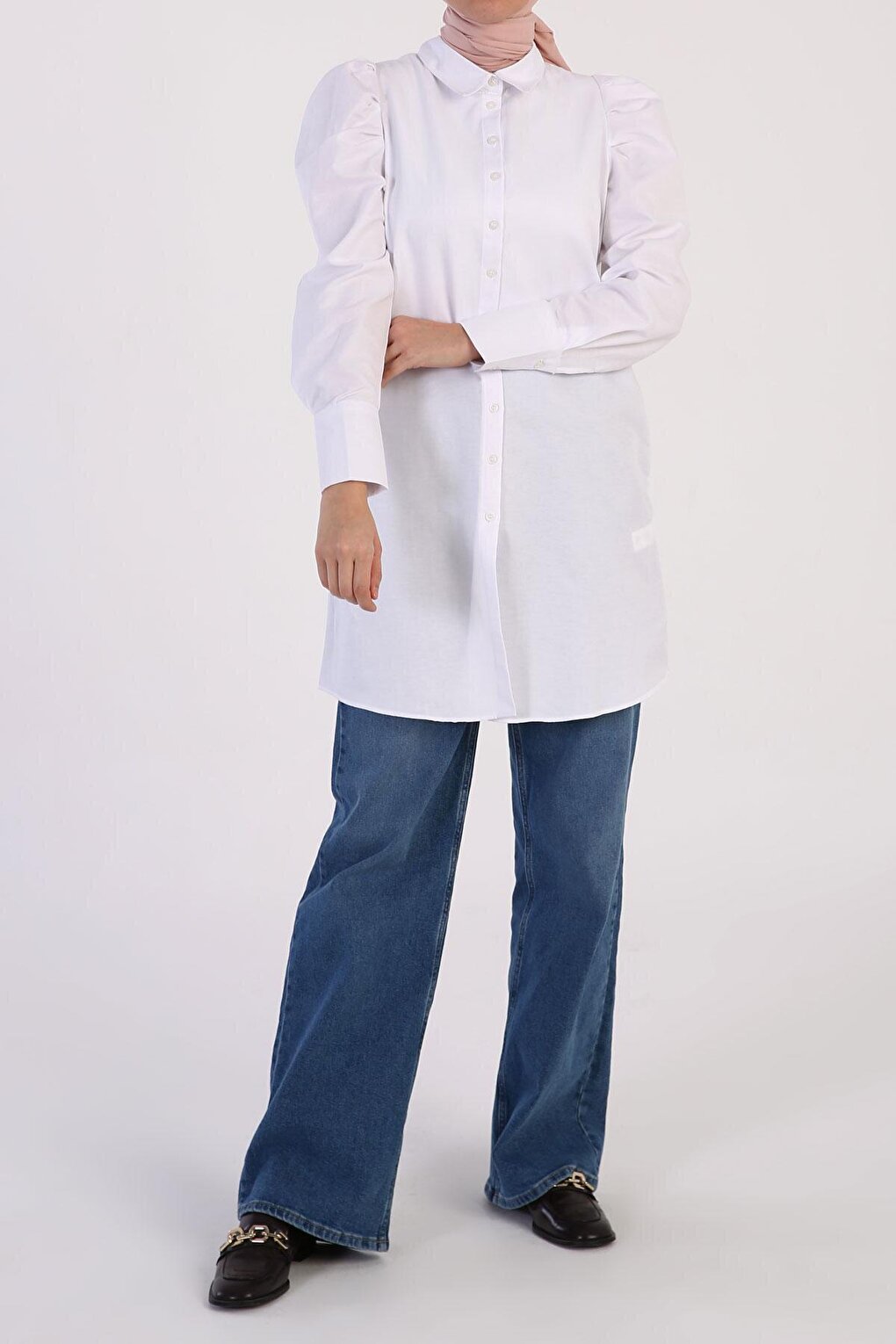 White Sleeve Pleat Detailed Shirt Tunic