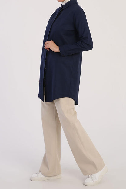 Navy Blue Basic Hidden Placket Shirt Tunic