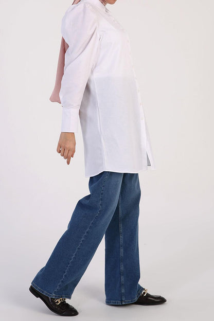 White Sleeve Pleat Detailed Shirt Tunic