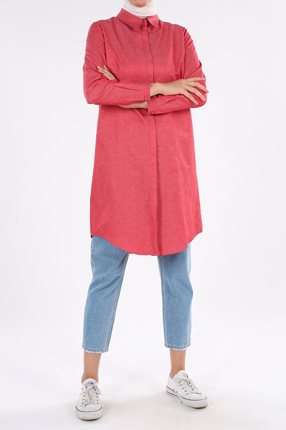 Red Basic Shirt Tunic with Hidden Placket