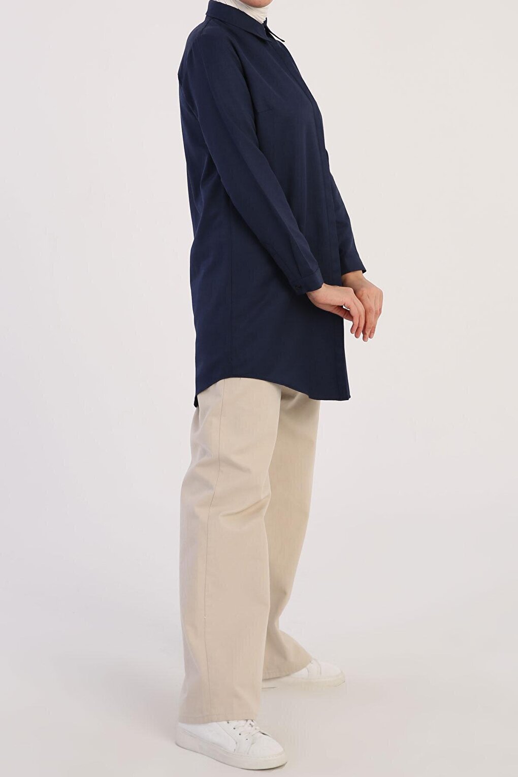 Navy Blue Basic Hidden Placket Shirt Tunic