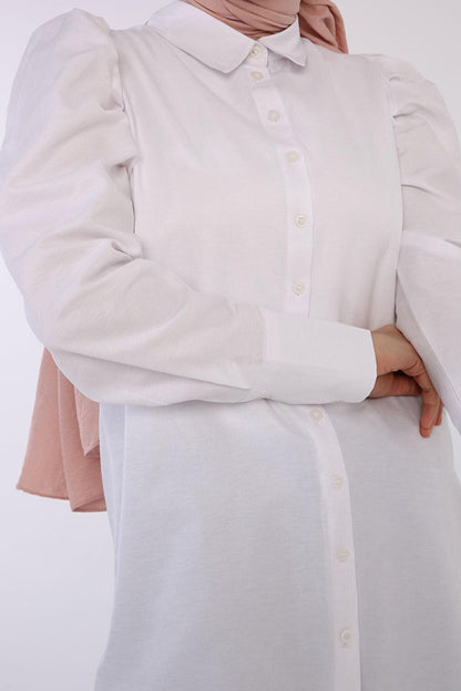 White Sleeve Pleat Detailed Shirt Tunic