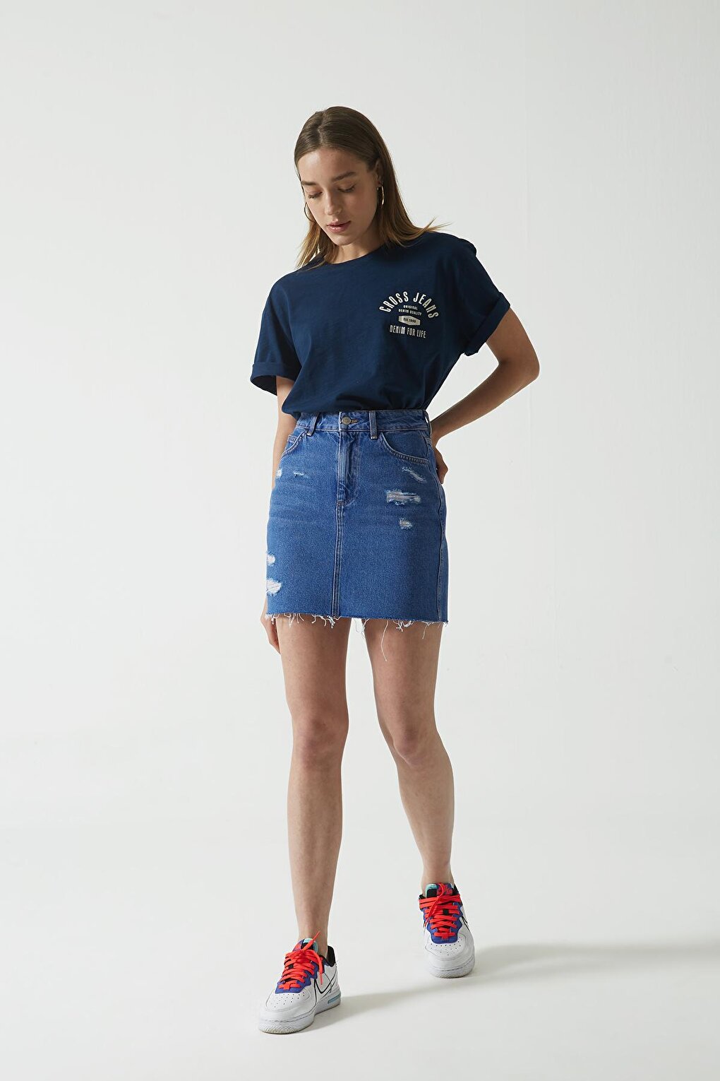 Saks Blue High Waist Frayed Jean Mini Skirt with Cut-Out Hem C 4533-009