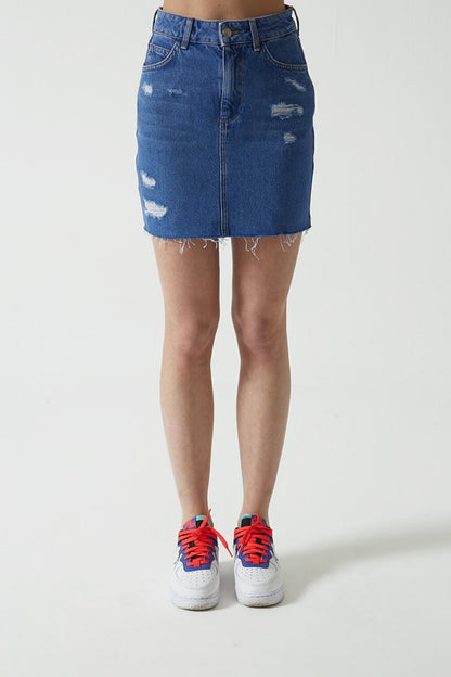 Saks Blue High Waist Frayed Jean Mini Skirt with Cut-Out Hem C 4533-009