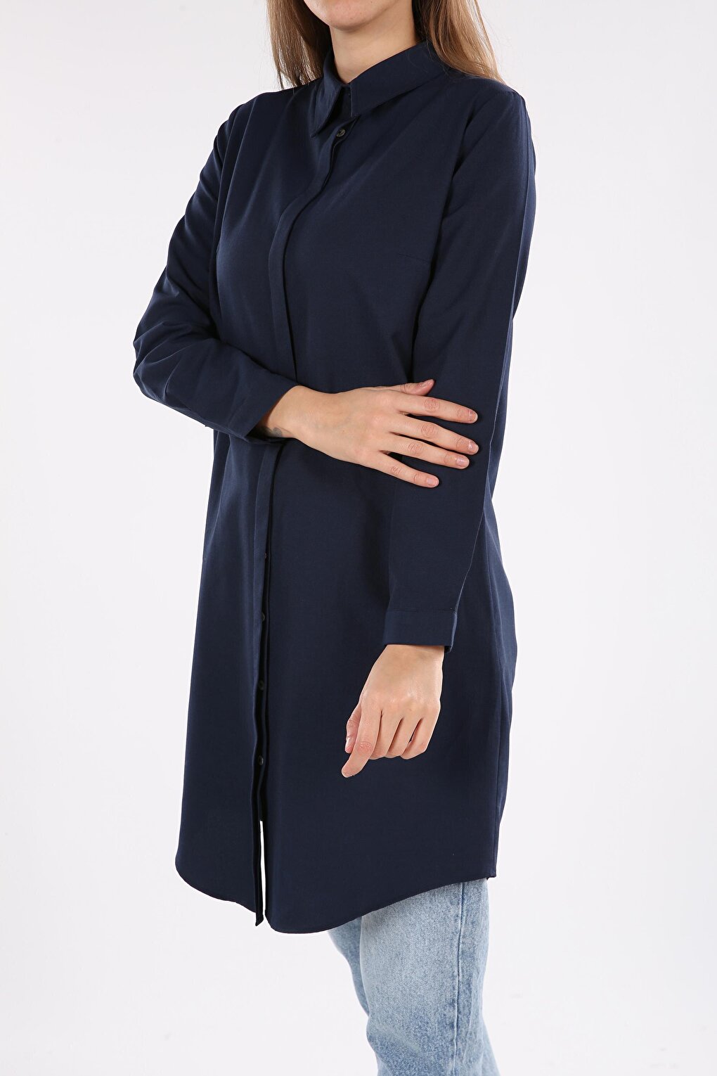 Navy Blue Hidden Placket Basic Shirt Tunic