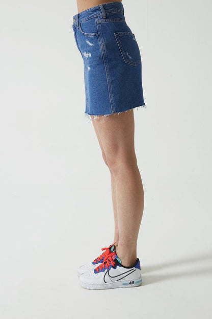 Saks Blue High Waist Frayed Jean Mini Skirt with Cut-Out Hem C 4533-009