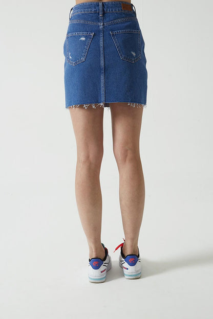 Saks Blue High Waist Frayed Jean Mini Skirt with Cut-Out Hem C 4533-009