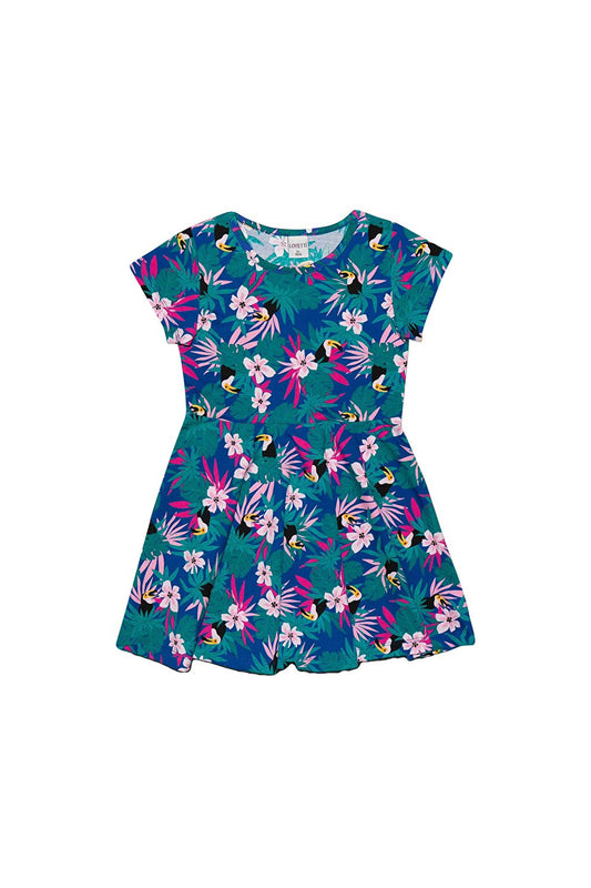 Girl's Tropical Parrot Pattern Short Sleeve Flared Skirt Dress