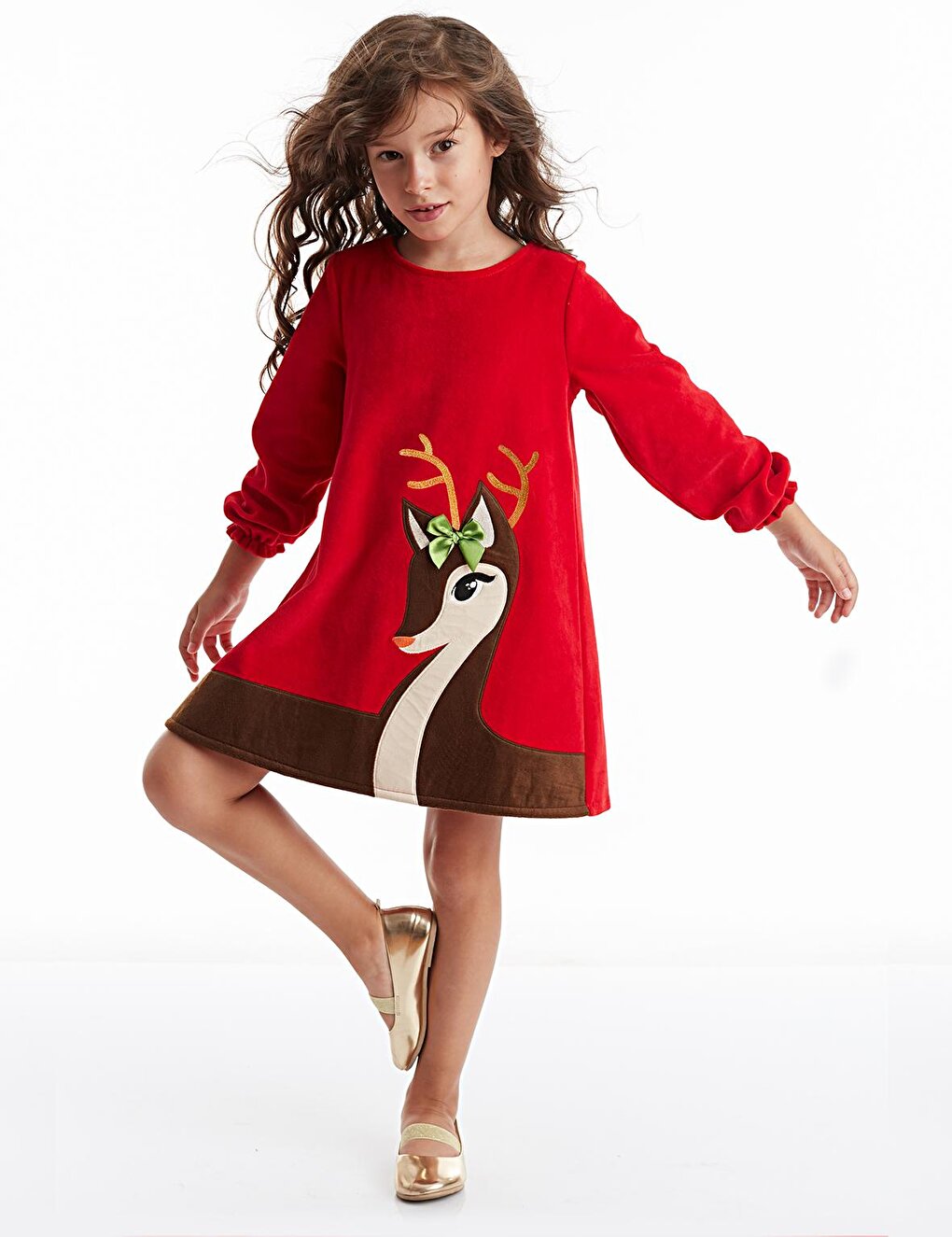 Baby Deer Girl Velvet Red Christmas Dress