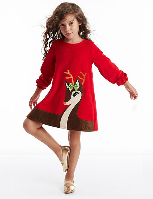 Baby Deer Girl Velvet Red Christmas Dress