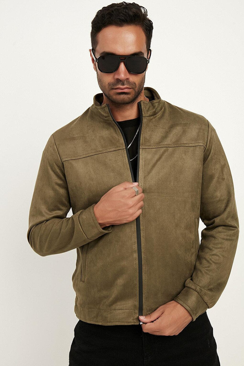 Slim Fit Stand Collar Suede Jacket