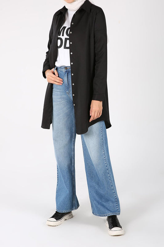 Black Hidden Placket Basic Shirt Tunic