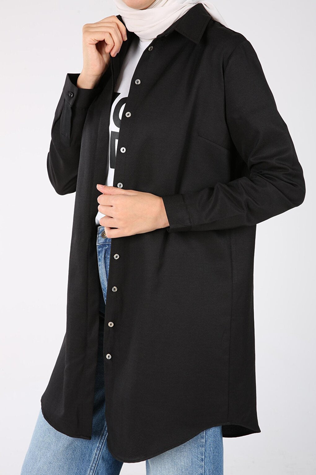 Black Hidden Placket Basic Shirt Tunic