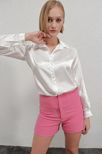 Women's White Lightly Draped Satin Finished Shirt HZL22W-BD139641