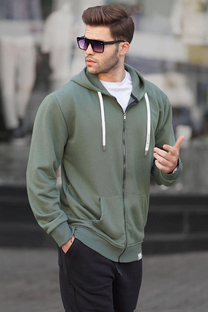 Khaki Green Zippered Hooded Sweatshirt 6161