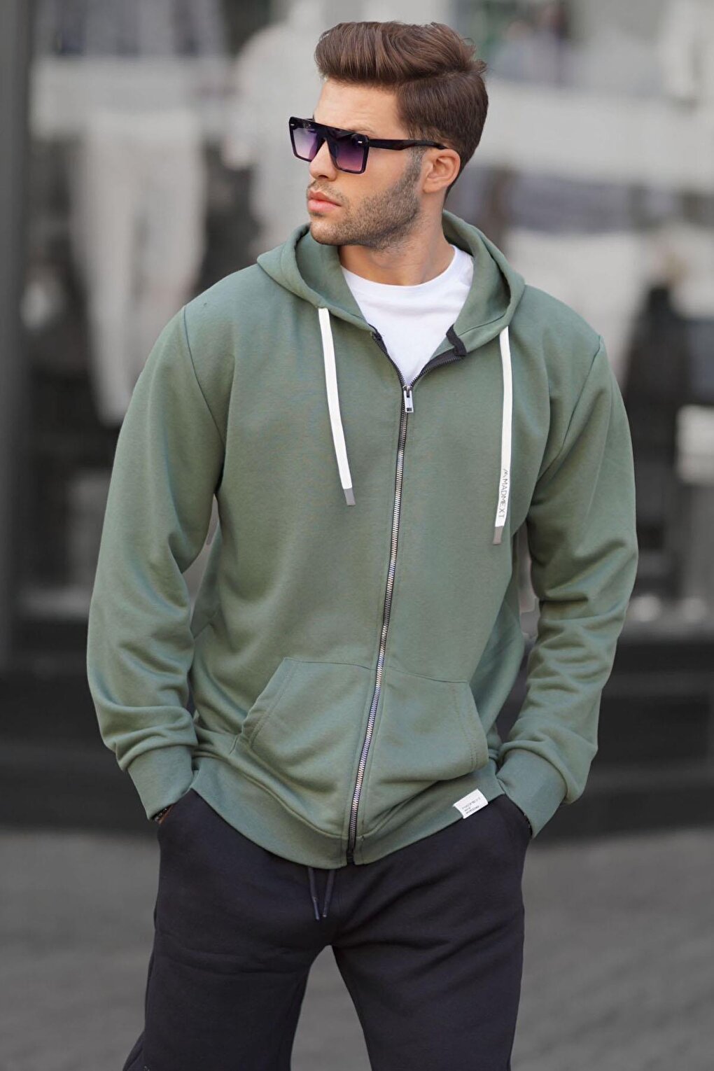 Khaki Green Zippered Hooded Sweatshirt 6161