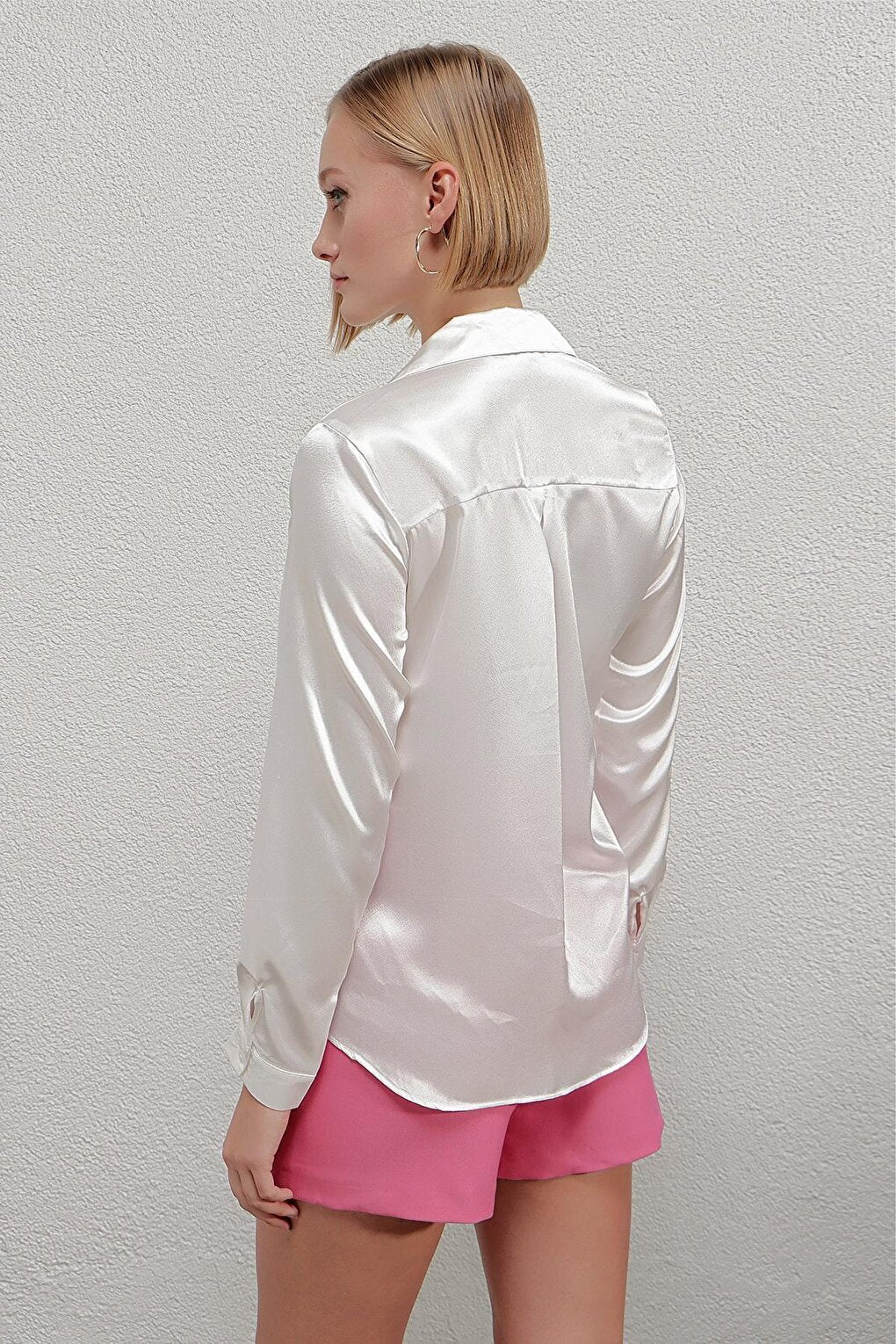 Women's White Lightly Draped Satin Finished Shirt HZL22W-BD139641