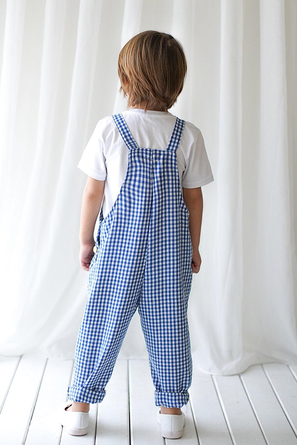 Blue and White Gingham Velvet Jumpsuit