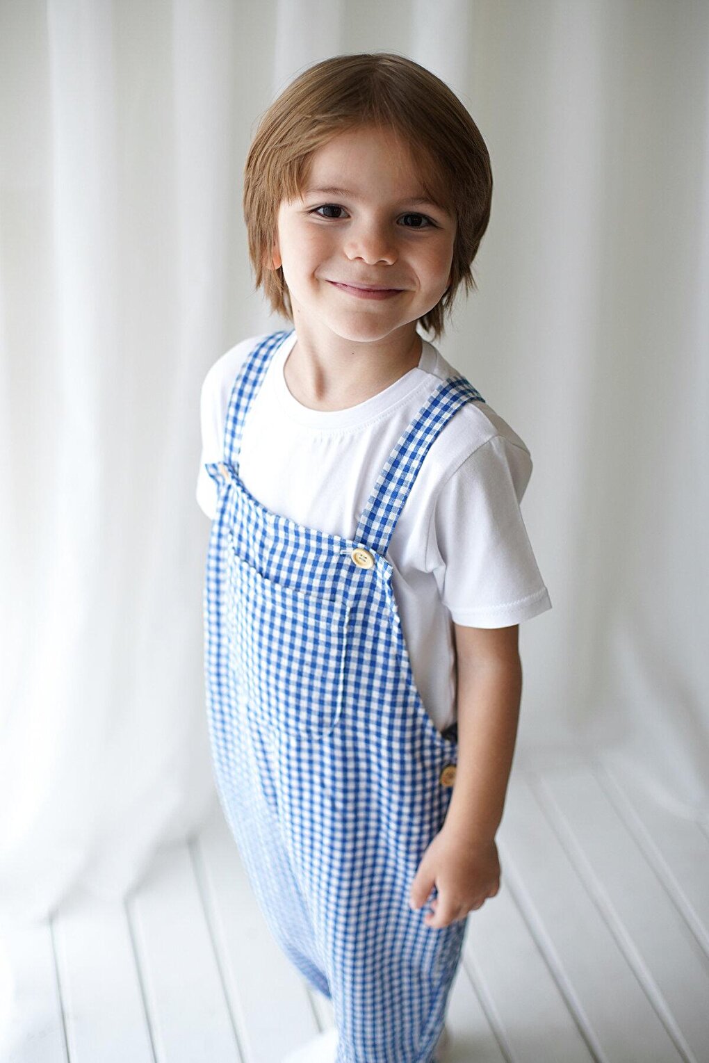 Blue and White Gingham Velvet Jumpsuit