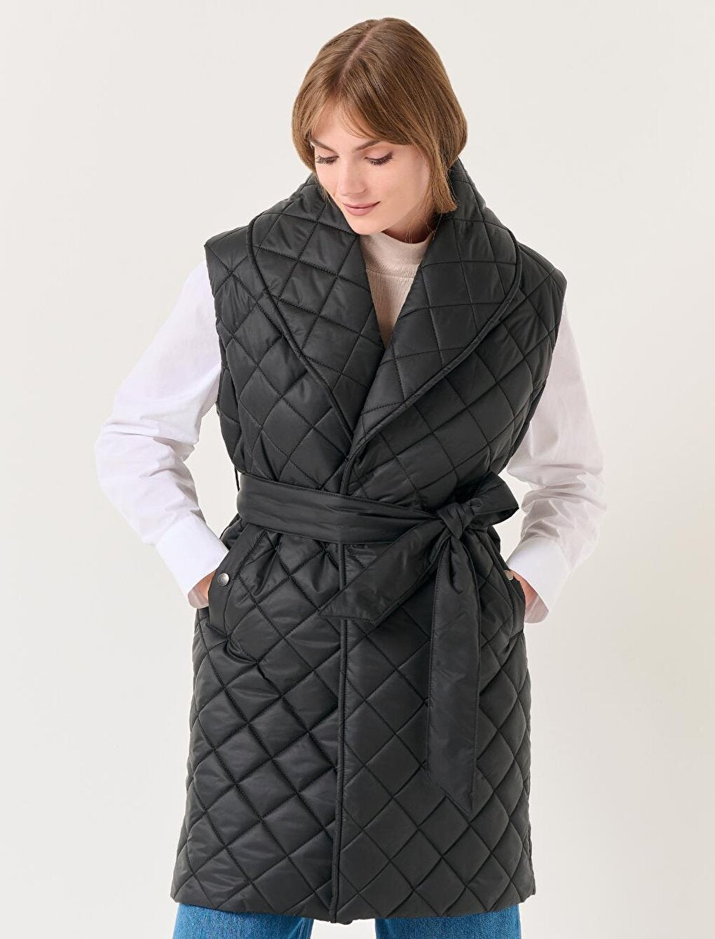 Black Quilted Patterned Belted Puffer Vest