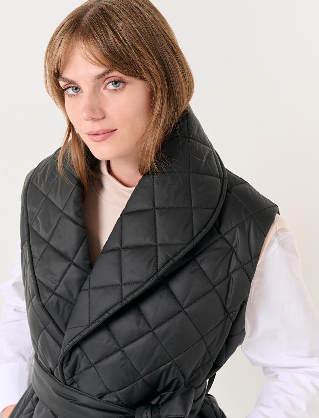 Black Quilted Patterned Belted Puffer Vest