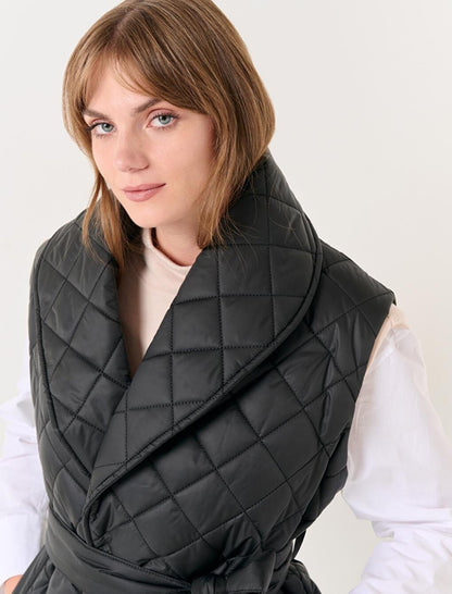 Black Quilted Patterned Belted Puffer Vest