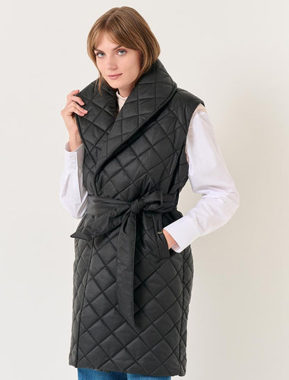 Black Quilted Patterned Belted Puffer Vest