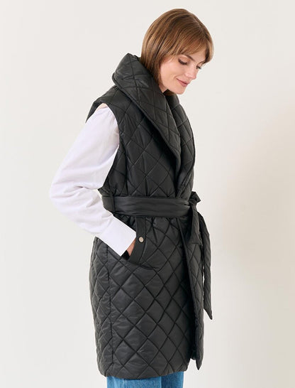 Black Quilted Patterned Belted Puffer Vest