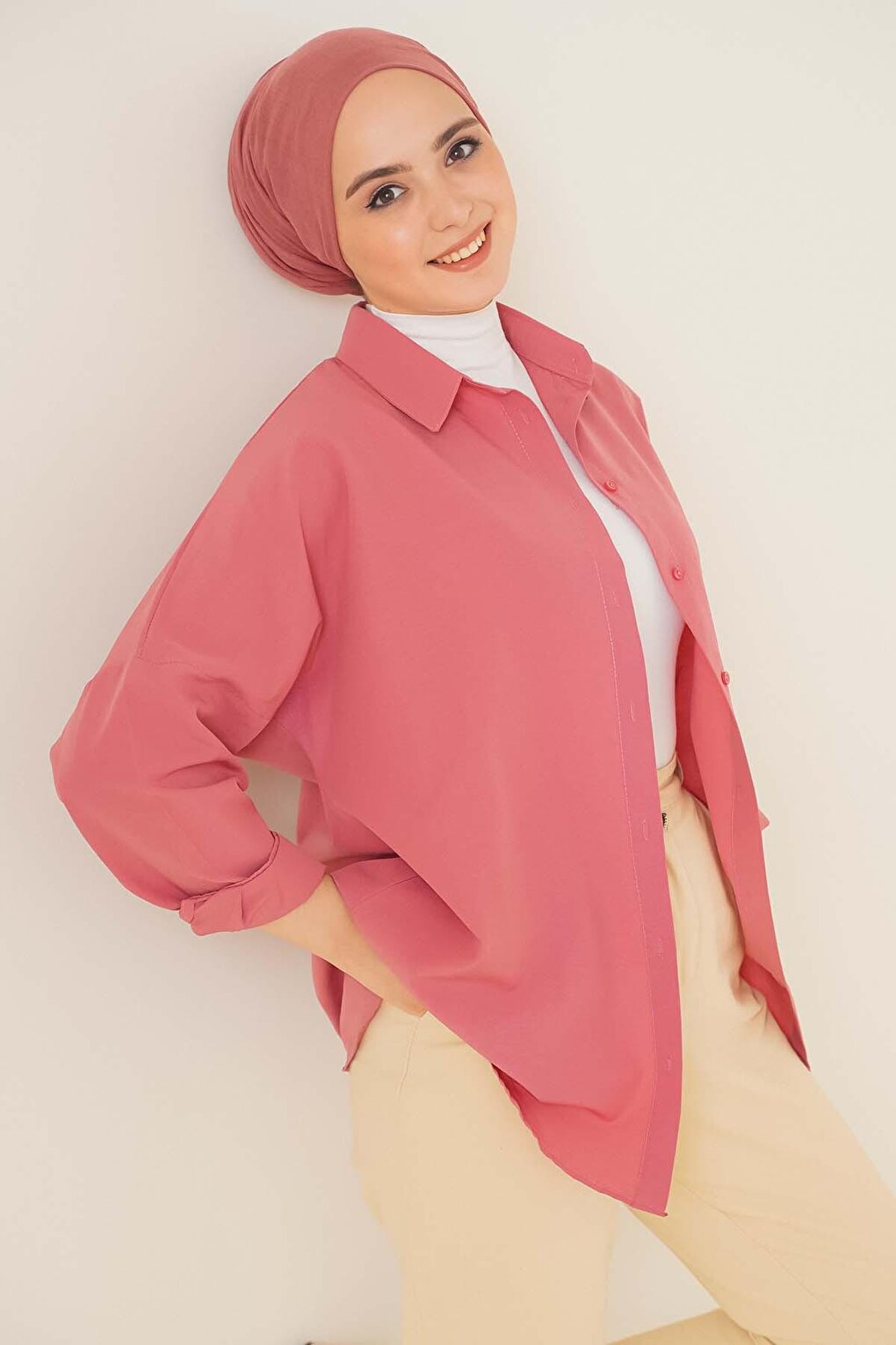 103901 Oversize Basic Hijab Shirt - Dusty Rose