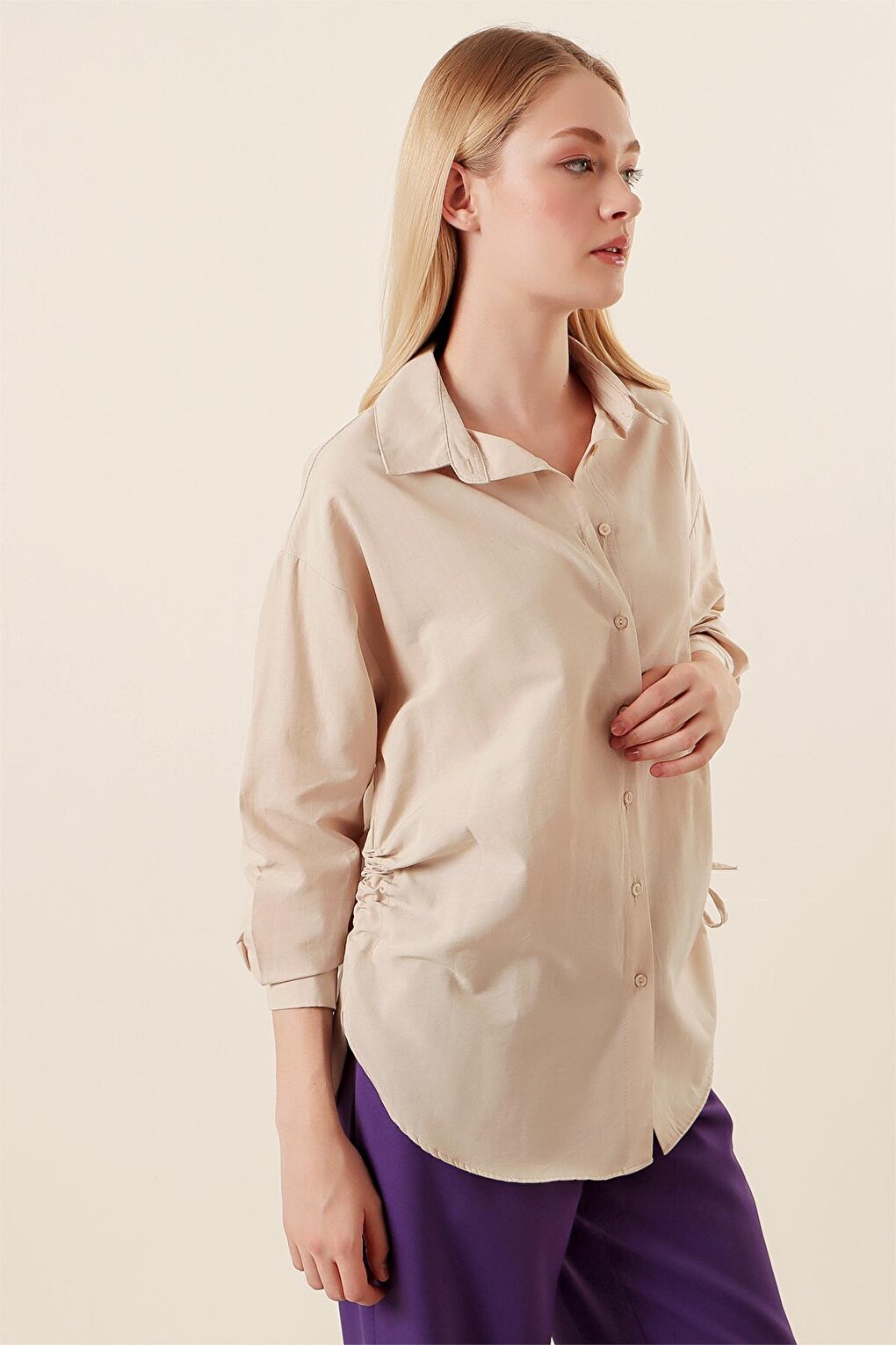 20132 Drawstring Oversize Shirt - Cream