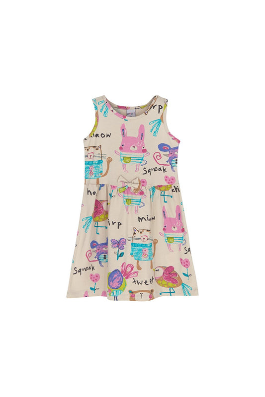 Girl Chirping Animals Pattern Sleeveless Dress