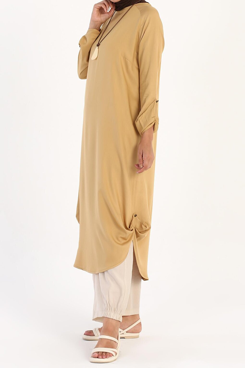 Mustard Raglan Viscose Tunic with Necklace